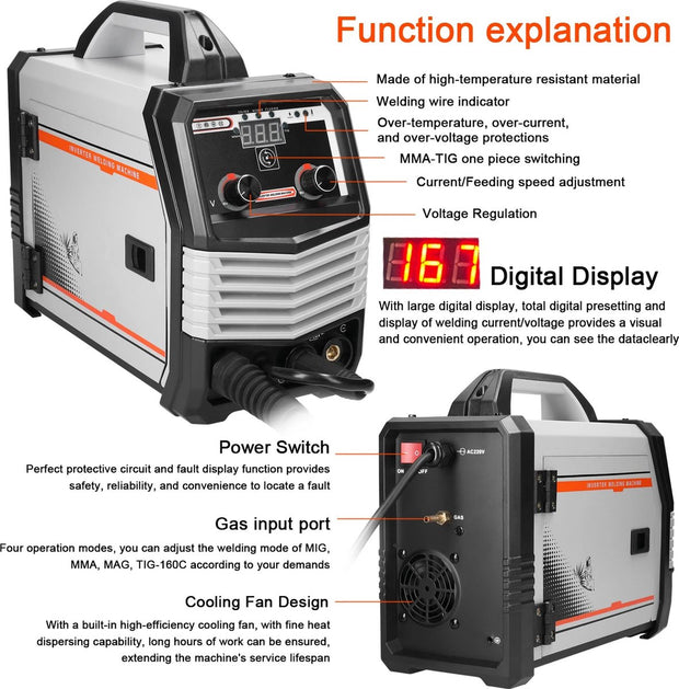 Lasmachine - Elektrische Lasser - Multifunctioneel - 4 in 1 MIG MMA MAG TIG - Inverter Lasser - Draagbare Elektrische Lasmachine - Intelligente Lasser - Grijs