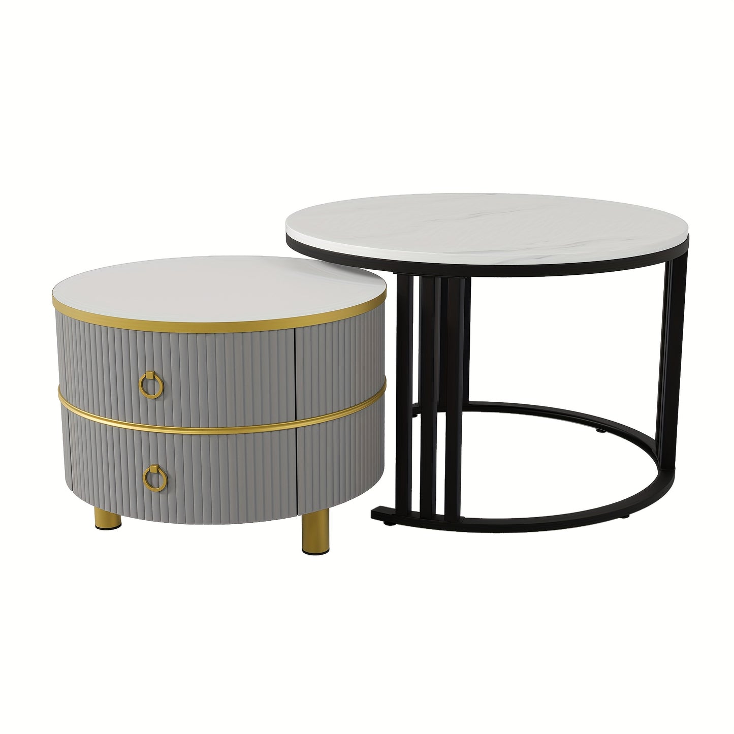 2-in-1 MDF Round Coffee Table with Glossy Finish & 1 Side Table with White Marble Top - Contemporary Living Room Coffee Table Set with 2 Drawers, 70x70x46cm, 50x50x40cm, Metal Frame, No Assembly Required, Coffee Table for Liv