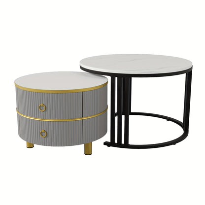2-in-1 MDF Round Coffee Table with Glossy Finish & 1 Side Table with White Marble Top - Contemporary Living Room Coffee Table Set with 2 Drawers, 70x70x46cm, 50x50x40cm, Metal Frame, No Assembly Required, Coffee Table for Liv