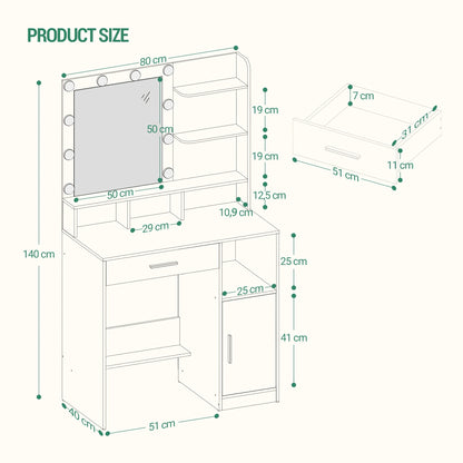 Kaptafel – Make-uptafel – Opmaaktafel – Visagietafel – Schoonheidstafel – Met Spiegel & 10 LED Lampen – 3 Planken & 4 Vakken – Wit – MDF – Compact & Inclusief Kruk