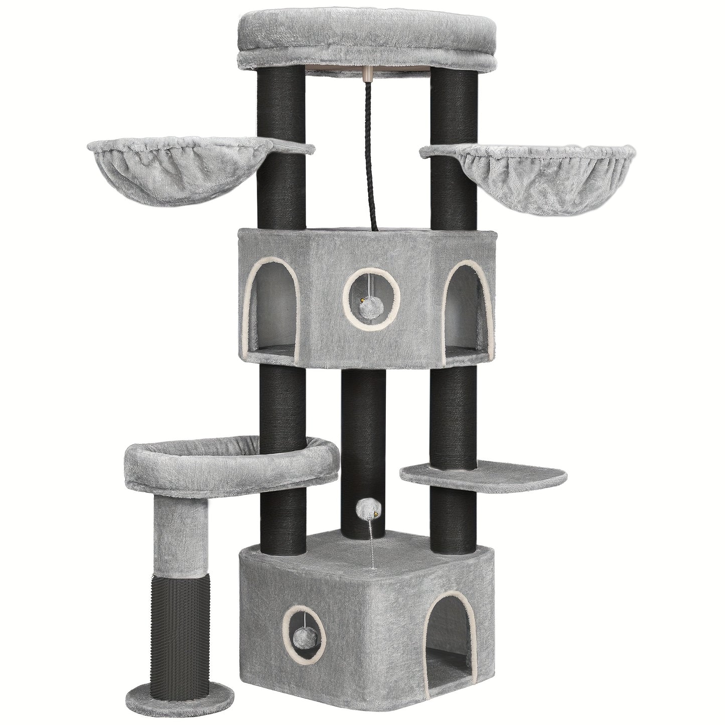 Krabpaal Kat – Krabmeubel Kattenboom – Kattenhuis Krabton – Kattenmeubel Speeltoren – Lichtgrijs Zwart – 163 cm Hoog – Geschikt Voor Grote Katten & Meerdere Katten
