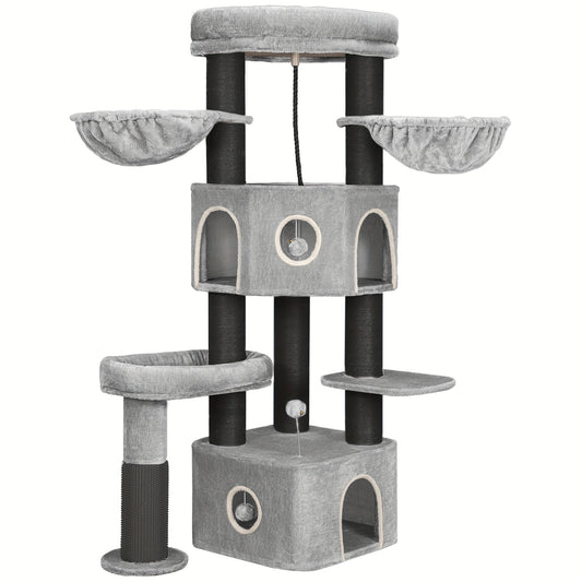 Krabpaal Kat – Krabmeubel Kattenboom – Kattenhuis Krabton – Kattenmeubel Speeltoren – Lichtgrijs Zwart – 163 cm Hoog – Geschikt Voor Grote Katten & Meerdere Katten