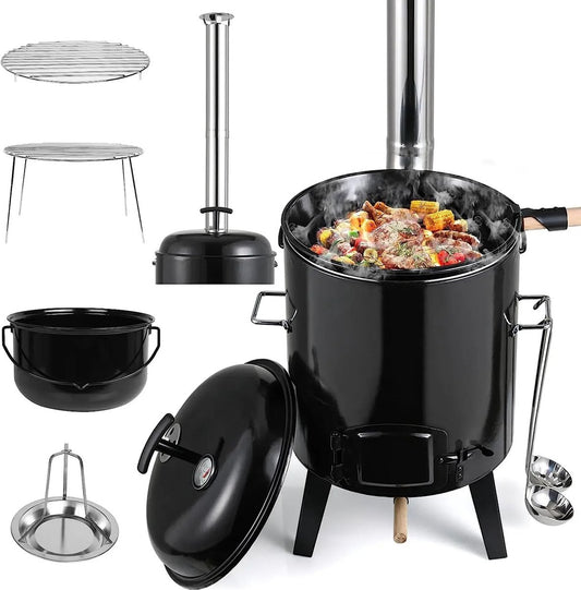 Buitenkeuken -Emaille - Stoofpot 21 Liter - BBQ - Grill - Goulash-ketel - Stoomboot met grill, braadpan en soeppan - 36x36x126 cm - Incl. schoorsteen, thermometer en luchtventilatie