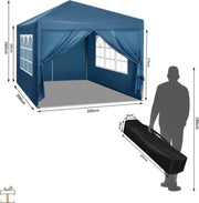 Partytent met zijwanden - Easy up - Opvouwbaar - Paviljoen - Waterdicht weerbestendig - Blauw - 3x3 m