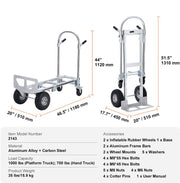 Steekwagen - Opvouwbaar - 2-in-1 - Corrosiebestendig en Roestbestendig - 360° - 318/454 kg - Remwielen Staan - voor Laad- en Transporttaken Binnen en Buiten - Zilver