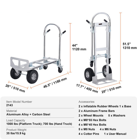 Steekwagen - Opvouwbaar - 2-in-1 - Corrosiebestendig en Roestbestendig - 360° - 318/454 kg - Remwielen Staan - voor Laad- en Transporttaken Binnen en Buiten - Zilver