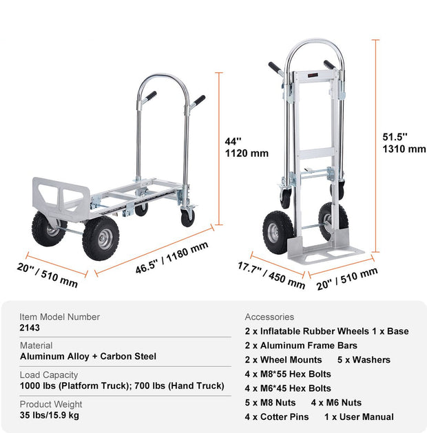 Steekwagen - Opvouwbaar - 2-in-1 - Corrosiebestendig en Roestbestendig - 360° - 318/454 kg - Remwielen Staan - voor Laad- en Transporttaken Binnen en Buiten - Zilver