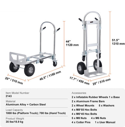 2-in-1 Steekwagen - Opvouwbaar - 318/454 kg Laadvermogen - Corrosie- en Roestbestendig - met 360° Remwielen - voor Laad- en transporttaken binnen en buiten
