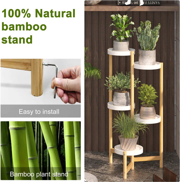 Design Plantenrek - 5-Laags - Bamboe- Modern Wit - Plantenstandaard voor Bloempotten - Tuin - Patio - Balkon - Serre - Planten