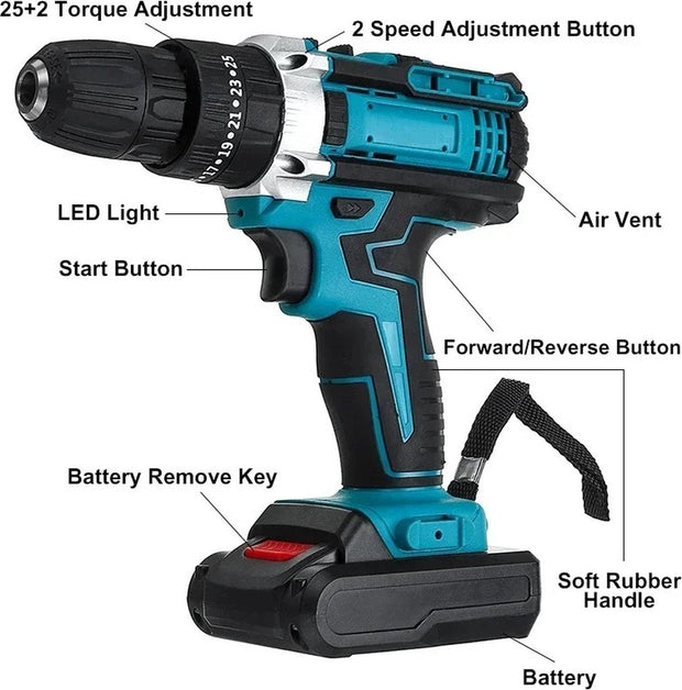 Slag Schroevendraaier - Boormachine - Schroefmachine - Elektrische Boormachine - Met Koffer - 2x Accu - 28Nm - 1600r/min - 1500Mah - Blauw - Met Accessoires