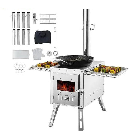 Houtkachel - Roestvrij - Campingtent - Draagbare Houtkachel - Met Schoorsteenpijp - Hittebestendige handschoenen - Openhaard - Vakantie - Buiten koken - QUORE