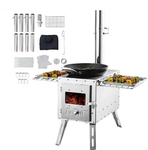 Houtkachel - Roestvrij - Campingtent - Draagbare Houtkachel - Met Schoorsteenpijp - Hittebestendige handschoenen - Openhaard - Vakantie - Buiten koken