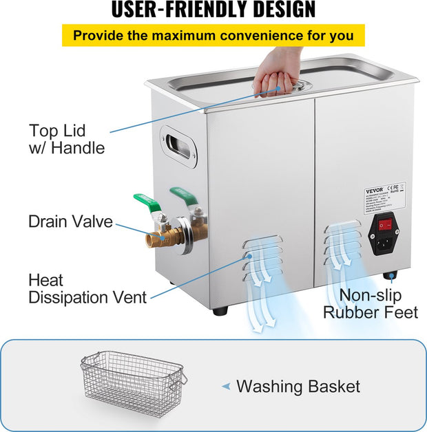 Ultrasoon Reiniger - 6L - Roestvrij Staal - Professionele Ultrasone Reinigingsapparaat - met Timer Verwarming - voor Sieraden Brillen Tanden - Zilver