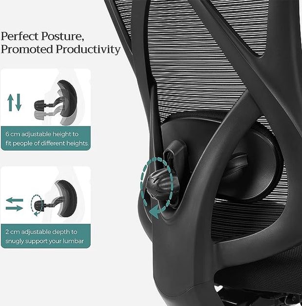 Bureaustoel - Ergonomische bureaustoel - Computerstoel - Mesh stoel - Verstelbare lendensteun en hoofdsteun - Maximale belasting 150 kg - Hoogte verstelbaar - Zwart