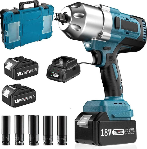Impact Wrench - Cordless Impact Wrench Set - With Case, Charger &amp; 2x Battery - (Incl: 5 Long Sockets) - 3 Gears - 1300Nm - 18V - 4.0Ah - Blue