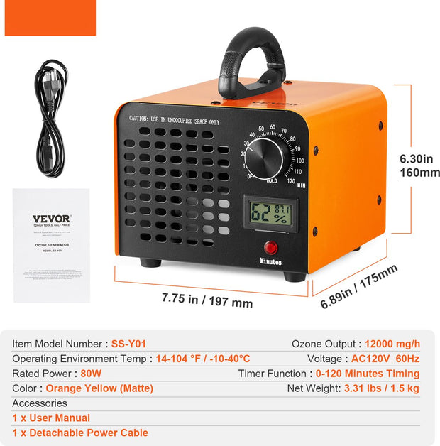 Ozongenerator - 12000 mg/u - 80W - Luchtreiniger - 300㎡ -  Ozonapparaat Gebouwrenovatie - 0-120 Minuten Timer - Deodorant Ozongenerator - Vochtigheidsweergave - Lntelligente Bewaking Van Het Binnenklimaat