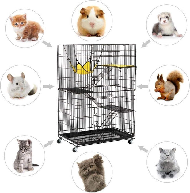 4-niveaus huisdierenkooi met wieltjes - grote kooi- hoogte 123 cm - 2 deuren - Zwart
