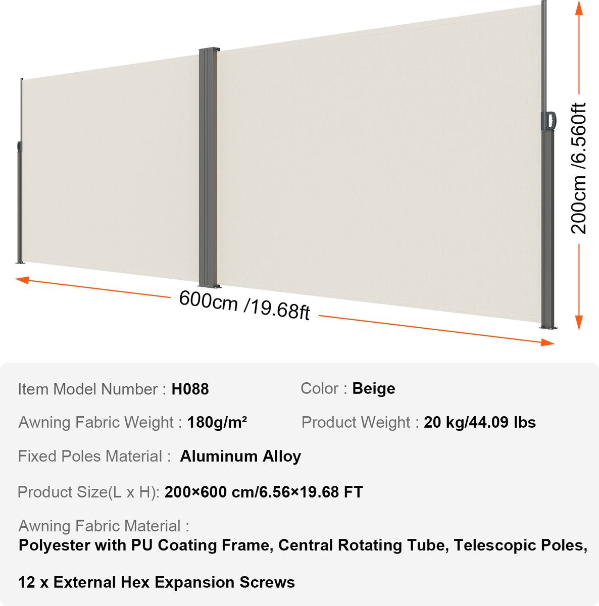 Zijluifel - Gemaakt van 180 g/m² Polyesterweefsel met PU-coating, 200 x 600 cm, met Uitschuifbare Handgreep en Veermechanisme, voor Balkons en Terrassen, Beige