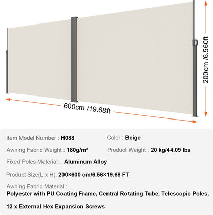 Zijluifel - Gemaakt van 180 g/m² Polyesterweefsel met PU-coating, 200 x 600 cm, met Uitschuifbare Handgreep en Veermechanisme, voor Balkons en Terrassen, Beige