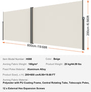 Zijluifel - Gemaakt van 180 g/m² Polyesterweefsel met PU-coating, 200 x 600 cm, met Uitschuifbare Handgreep en Veermechanisme, voor Balkons en Terrassen, Beige