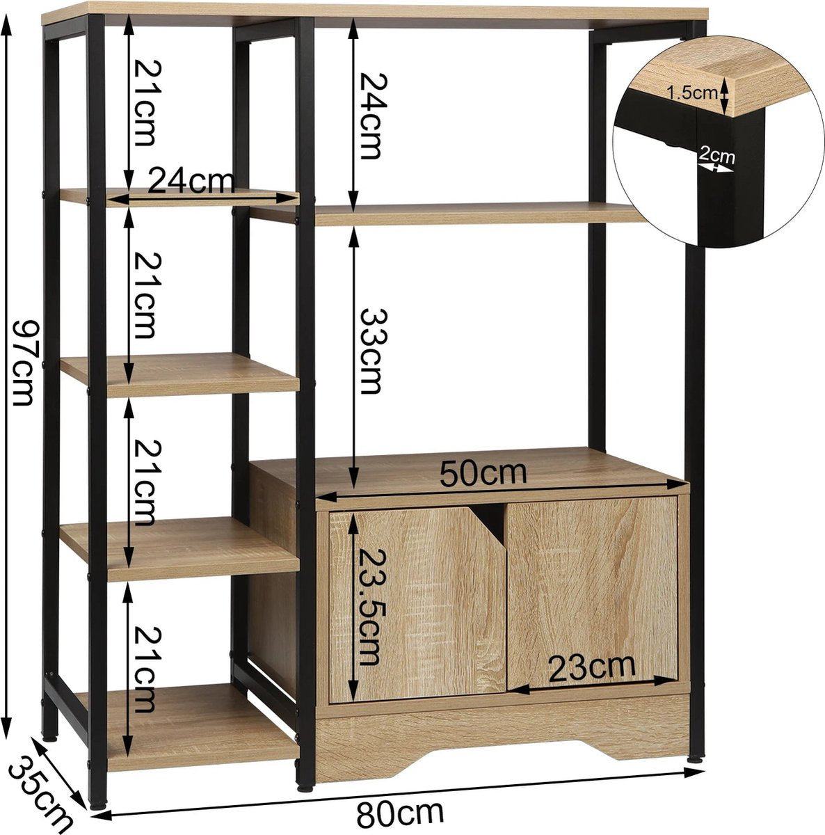 Boekenkast - 80x35x97cm - met Kastje -  5 Lagen - MDF en Metaal - Licht Eiken Kleur - 6-laags - Houten Boekenplank - Opbergrek - Staande Plank - Hoekboekenkast - Organizer voor Woonkamer en Kantoorkeuken