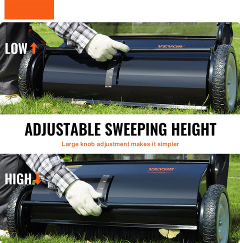 Grasmaaier - Handmatige Tuinveger - 66 cm Werkbreedte - 198L Opvangzak - Verstelbare Borstelhoogte - Stevige Stalen Constructie - Geschikt voor Gazon - Oprit en Tuin