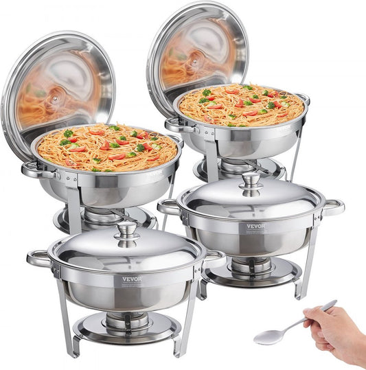 Roestvrijstalen chafing dish set - rond - 5.38 Liter - 4-delig - Voedselwarmer - Verwarmingscontainer - Soepwarmer - Voedselwarmer - Voorraadpot - Chafing Dish set met 2 Brandpasta Containers - voor Catering Buffetten