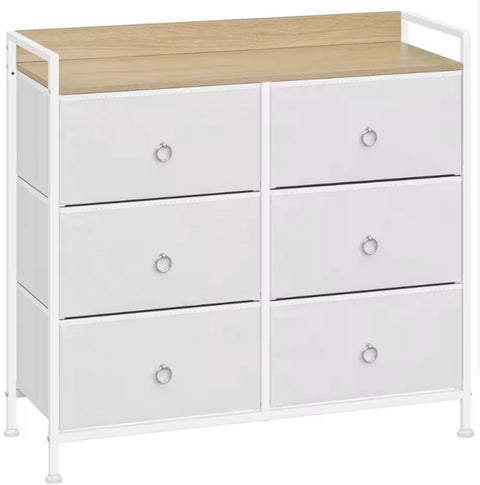 Ladekast met 6 Lades - Opbergkast met Houten Top & Metaal Frame - Voor Slaapkamer, Hal of Woonkamer - Wit - Met Zijbord & Verstelbare Voetjes - 80x29x78 cm - Wit