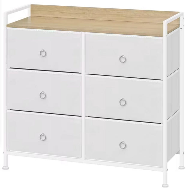 Ladekast met 6 Lades - Opbergkast met Houten Top & Metaal Frame - Voor Slaapkamer, Hal of Woonkamer - Wit - Met Zijbord & Verstelbare Voetjes - 80x29x78 cm - Wit