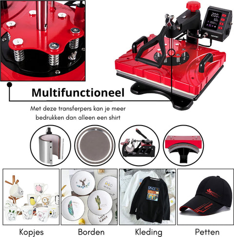 Transferpers - Drukmachine - Hittepers - Drukpers - Heat Press Machine - Sublimatie Printer - 38 x 30 CM - 360° Rotatie - 1000W - Sublimatiemachine - Rood