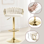 Luxury bar stool - Velvet Bar Stool - Set of 2 - Braided - Height adjustable - 360 degree rotatable - Velvet - Gold leg - Cream White