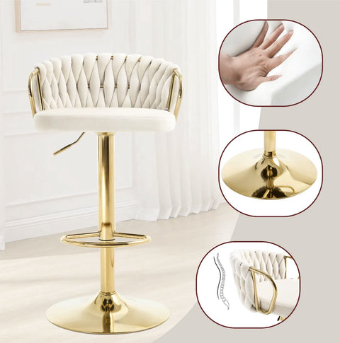 Luxury bar stool - Velvet Bar Stool - Set of 2 - Braided - Height adjustable - 360 degree rotatable - Velvet - Gold leg - Cream White