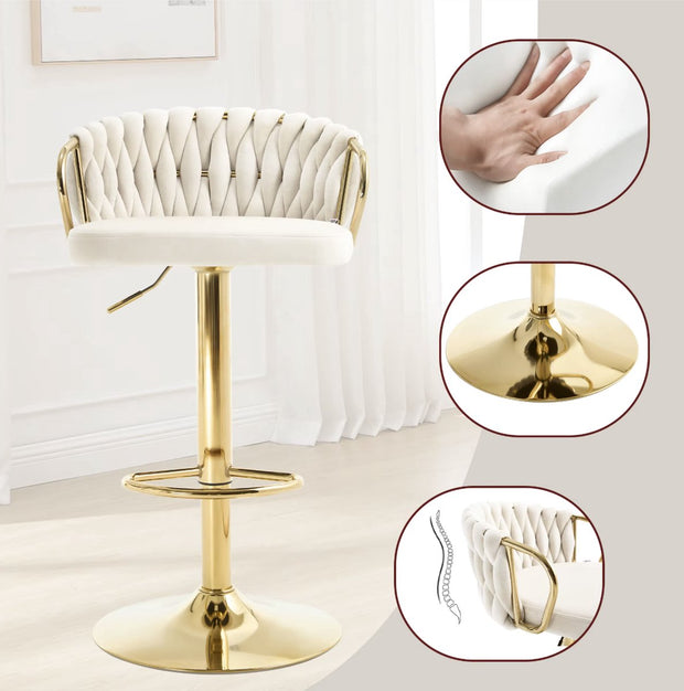 Luxury bar stool - Velvet Bar Stool - Set of 2 - Braided - Height adjustable - 360 degree rotatable - Velvet - Gold leg - Cream White