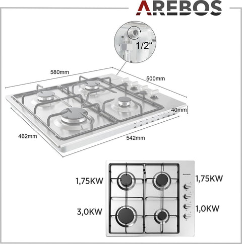 Gas hob 4 burners - stainless steel - incl. grids &amp; ignition protection