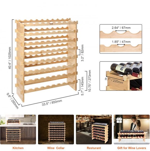 Wijnrek - Bamboe Flessenrek met 8 Compartimenten - 72 flessen - Stapelbaar Vintage Wijn Metalen Rek - Flessenrek - voor Kelder Bar Opslagruimte