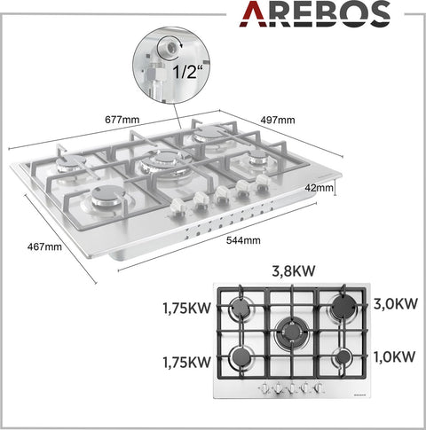 Gas hob 5 burners - Stainless steel - Incl. grids &amp; ignition protection