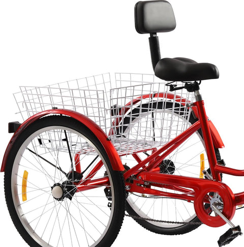 Driewieler - Geschikt voor Volwassenen - Inclusief Fietsmand- 24 Inch - 7 Versnellingen - Opvouwbaar - Met LED Verlichting - Rood