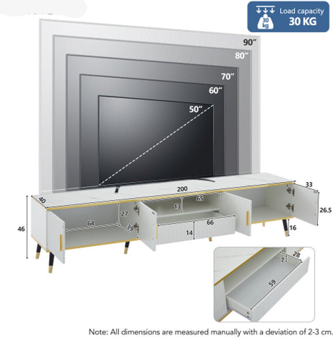 Modern Tv-kast - in Wit - Met een Uniek Patroon - 200x40x46cm - voor Televisie tot 80 inch - Twee Deuren - Kabelbeheer