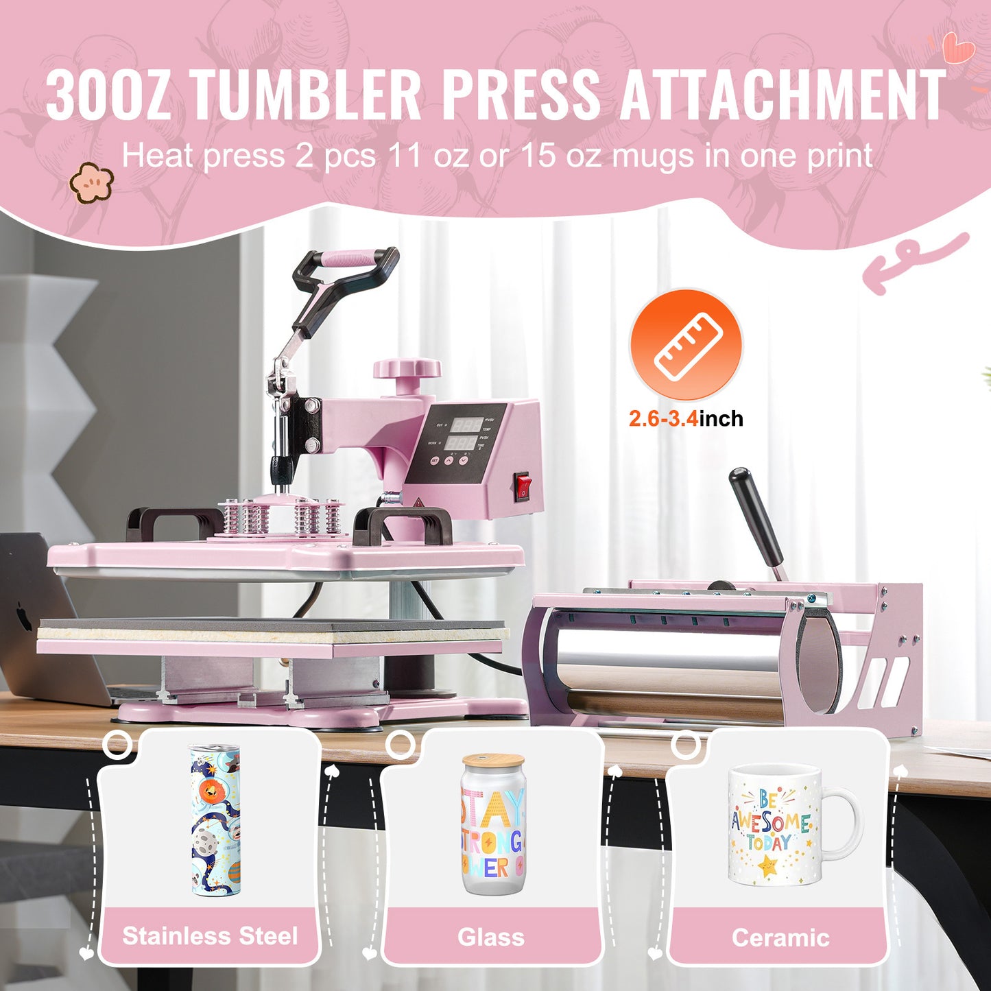 VEVOR Heat Press Machine 30.5x38.1 cm 8 in 1 with 850.5 g Tumbler Press T-Shirts Pink