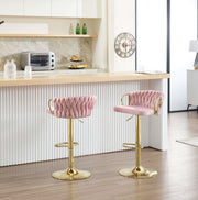Luxe barkruk - Fluweel Barkruk - Set van 2 - Gevlochten - Hoogte verstelbaar - 360 graden draaibaar - Velvet - Gouden poot - Roze