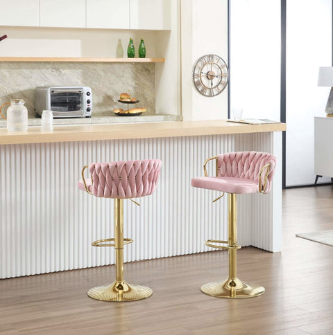 Luxe barkruk - Fluweel Barkruk - Set van 2 - Gevlochten - Hoogte verstelbaar - 360 graden draaibaar - Velvet - Gouden poot - Roze