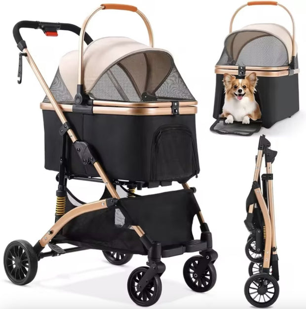 Hondenbuggy - Luxe huisdieren buggy - Buggy - Hondenwagen - Honden en katten - Opvouwbaar - Met opbergruimte - Zwart/goud