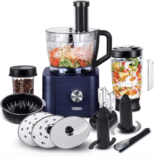 Keukenmachine - Alles in 1 keukenmachine - Multifunctionele keukenmachine - Vleesmolen - Garde - Kneder - Shredder - Sinaasappelpers - Hakselaar - Blender - 1100W - Blauw