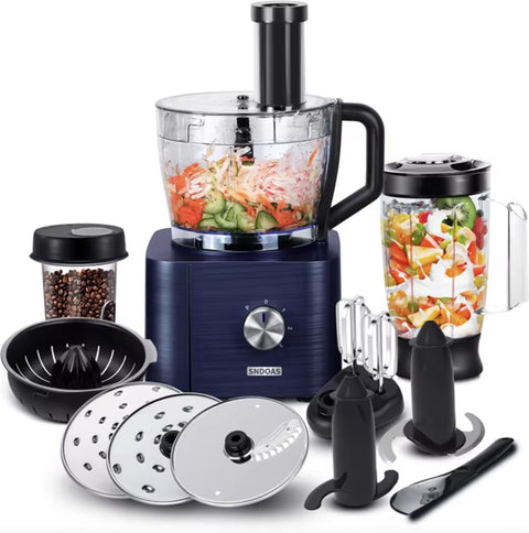 Keukenmachine - Alles in 1 keukenmachine - Multifunctionele keukenmachine - Vleesmolen - Garde - Kneder - Shredder - Sinaasappelpers - Hakselaar - Blender - 1100W - Blauw