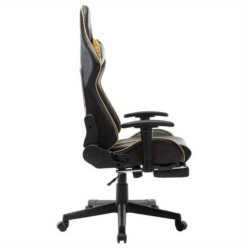 Gaming chair with footrest, black faux leather and gold-colored gaming PC