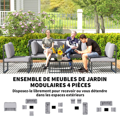 4-delige Modular Tuinmeubelset – Tuinbank – Tuinstoelen – Loungeset – Balkonmeubels – Grijs – Met Zonneluifel – Veilig Gehard Glas Tafelblad