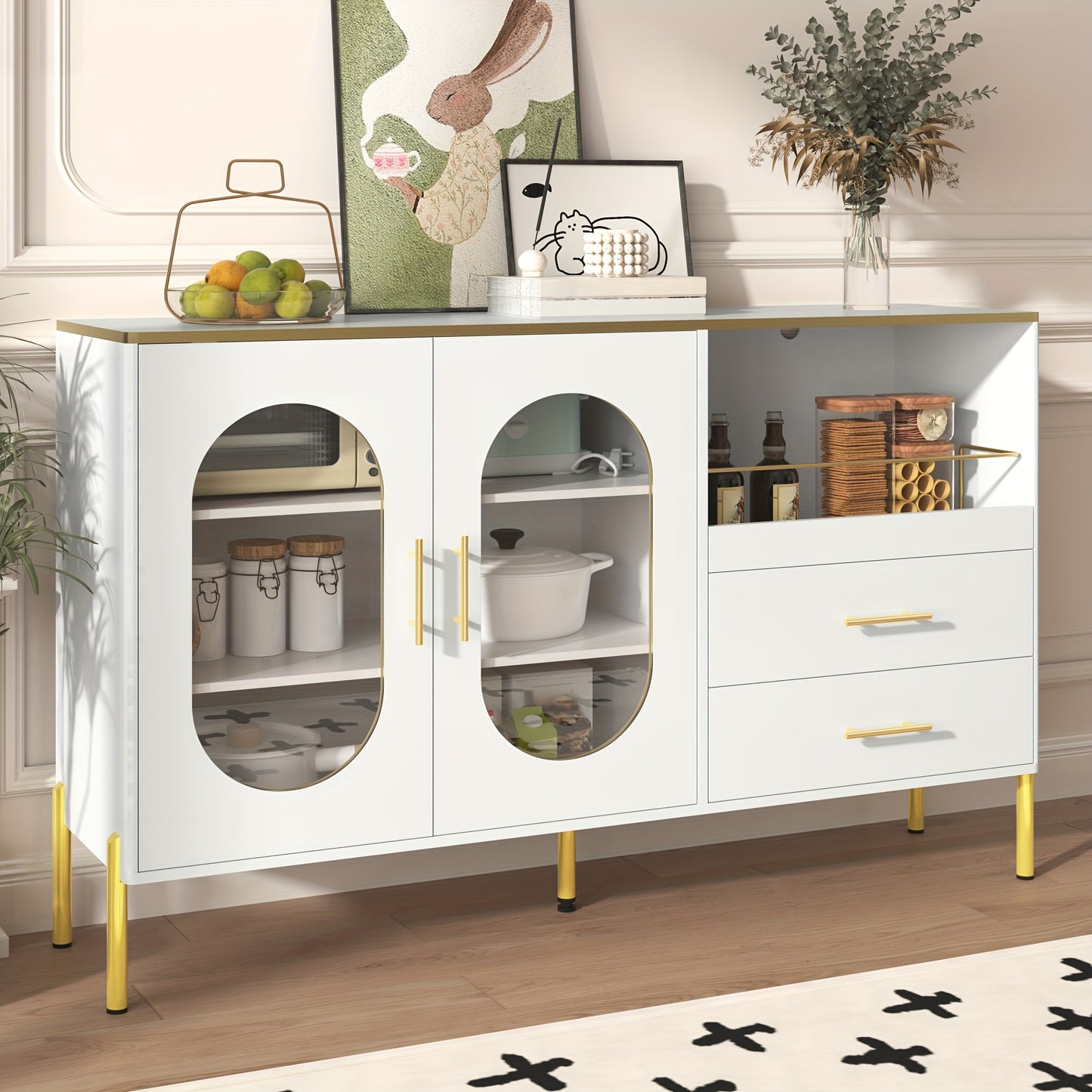 Wit Dressoirkastje – Opbergkast – Kastje – Bureaukast – Dressoir – 2 Lades & 2 Glazen Deurtjes – 3,2+ Kubieke Voet Opbergruimte – 68,5 cm Hoog – Vrijstaand – Gouden Accenten
