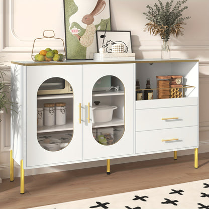 Wit Dressoirkastje – Opbergkast – Kastje – Bureaukast – Dressoir – 2 Lades & 2 Glazen Deurtjes – 3,2+ Kubieke Voet Opbergruimte – 68,5 cm Hoog – Vrijstaand – Gouden Accenten