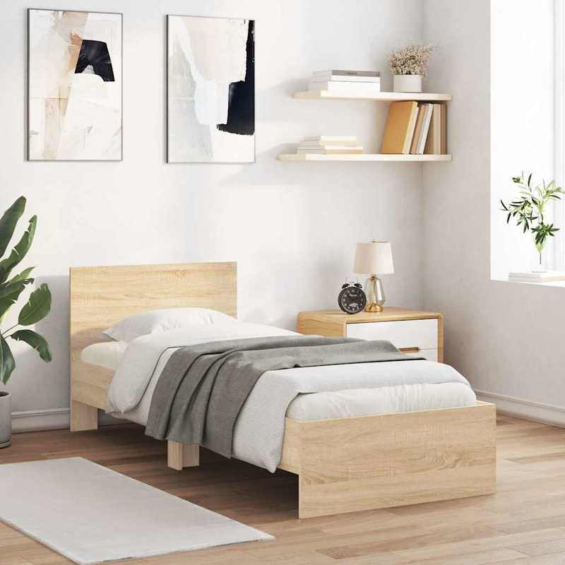 Bedframe – Eenpersoonsbed – Slaapbank – Kinderbed – Eenpersoonsbedframe – Sonoma Eiken – Hoofdbord – 90x200 cm – Hout & Metaal – Stevig & Stijlvol