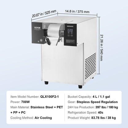 IJsmachine – IJsmaker – Snowflake IJs Machine – Softijsmachine – RVS – Hoge Capaciteit 180 kg/24u – Touchscreen Bedieningspaneel
